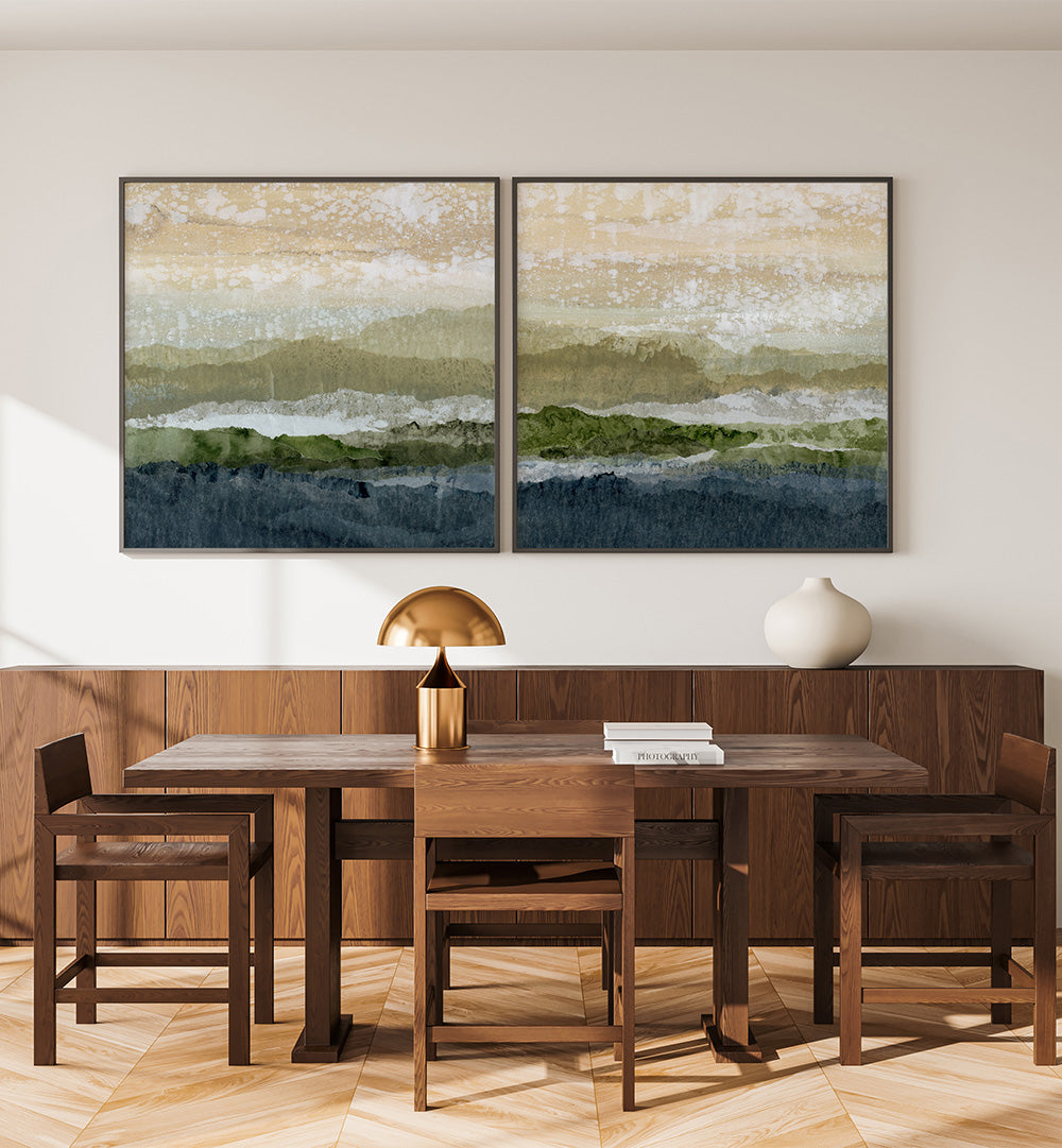 Dining room with wooden table and chairs, abstract wall art, and decorative items.
