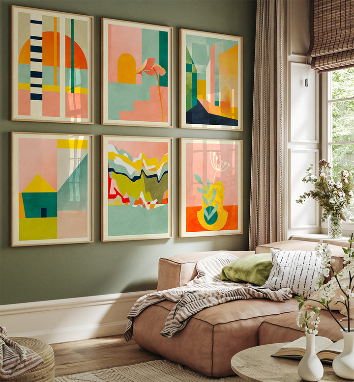 Living room with abstract art on the wall and a brown sofa.