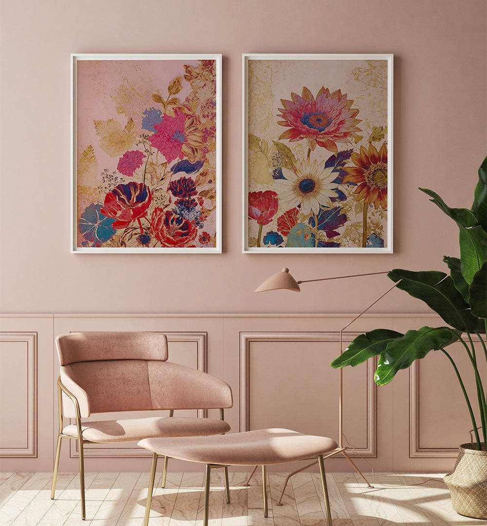 Decorative floral prints on a wall with a chair and plant in a room.