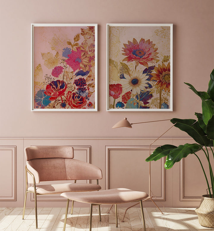 Decorative floral prints on a wall with a chair and plant in a room.