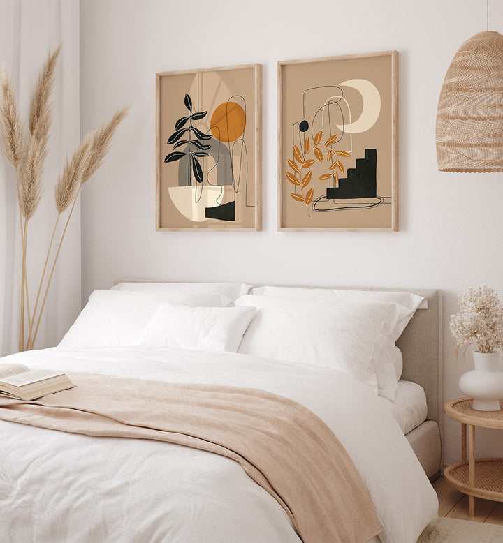 Neatly made bed with abstract wall art in a bedroom setting