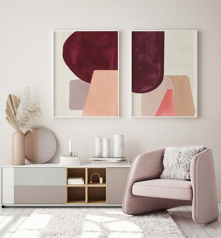 Modern living room with abstract art, a sofa, and decorative items.