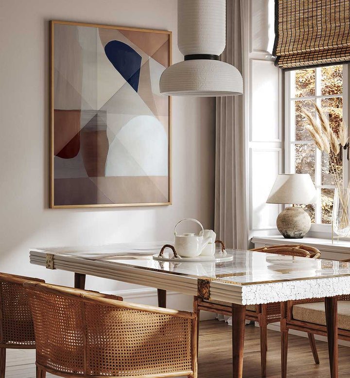 Stylish dining area featuring ABSTRACT COPPER I, ABSTRACT PAINTINGS, enhancing warmth and sophistication in decor.