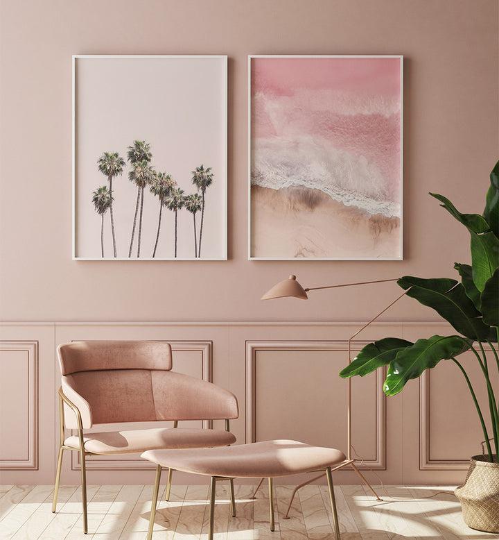 Modern interior with pink walls, a chair, and decorative elements.