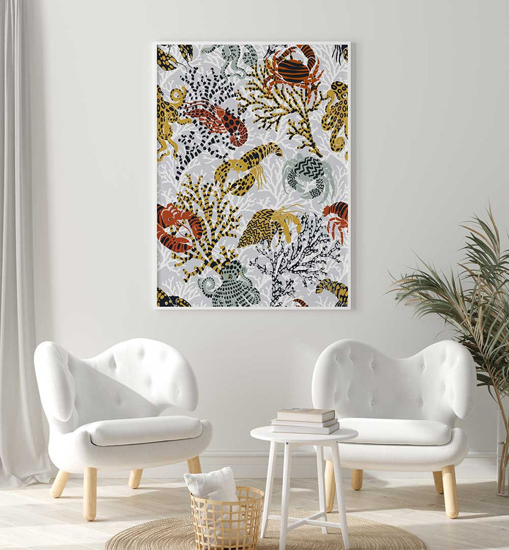 Vibrant Coral Reef, Beach Paintings adorn a modern living space, capturing the serene beauty of oceanic landscapes.