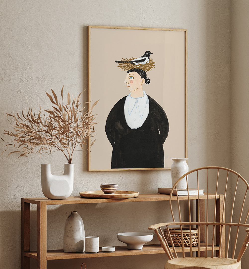 WOMAN WITH MAGPIE , PORTRAITS & FIGURATIVE ILLUSTRATIONS