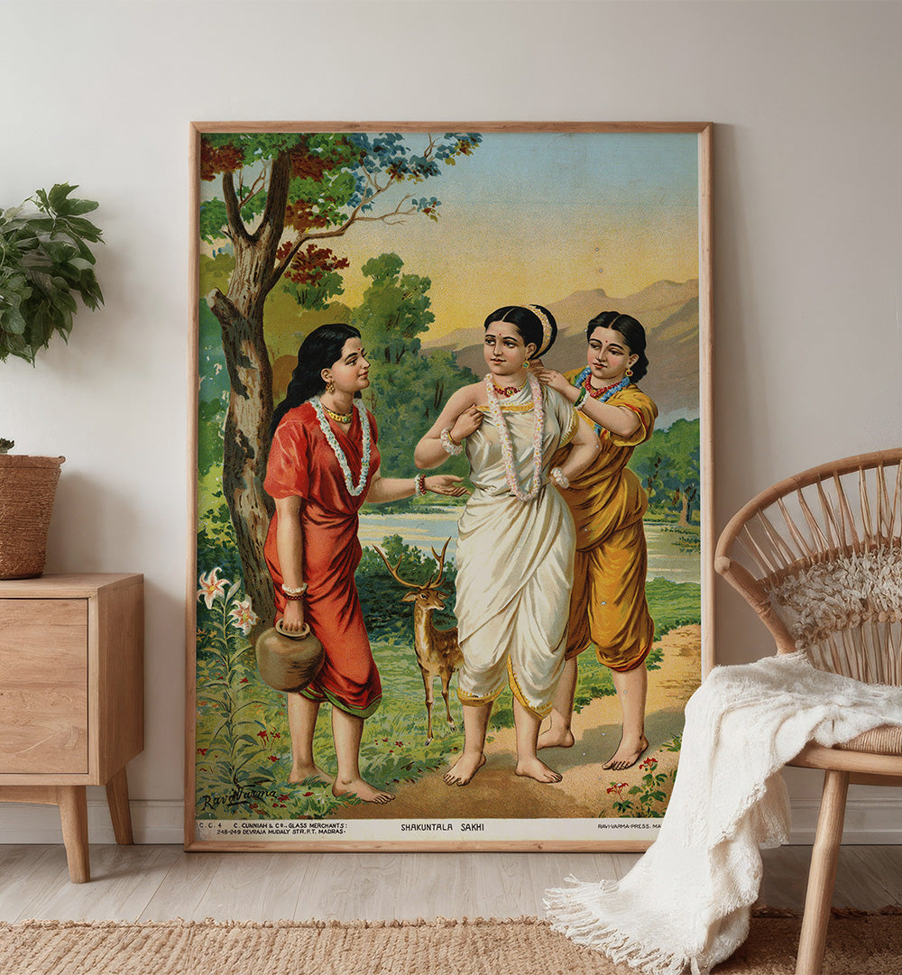 SHAKUNTALA AND SAKHIS , INDIAN ART PAINTINGS