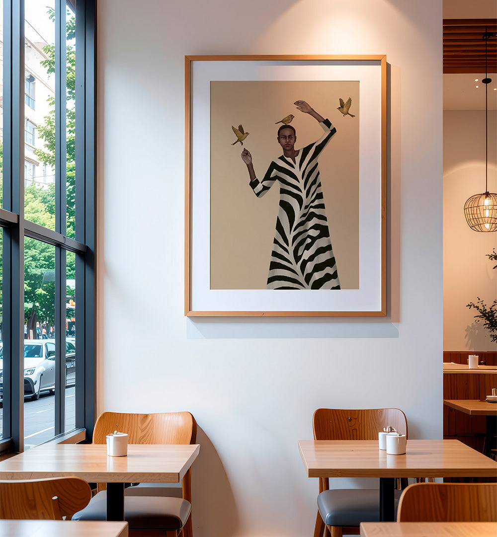 WOMAN WITH BIRDS & ZEBRA, SURREAL ART PRINTS