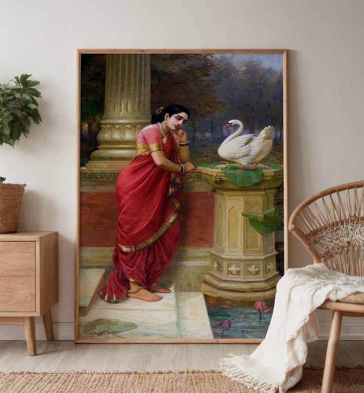 RAVI VARMA PRINCESS DAMAYANTHI TALKING WITH ROYAL SWAN ABOUT NALA , INDIAN ART PAINTINGS