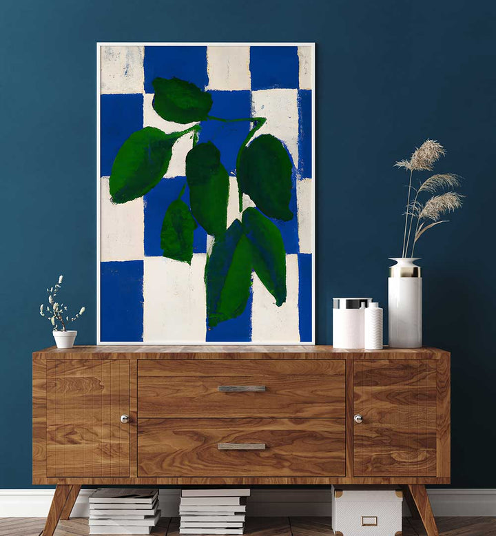 CHECKERED GREENERY , KITCHEN POSTERS with bold blue checkered background and vibrant green leaves enhancing kitchen décor