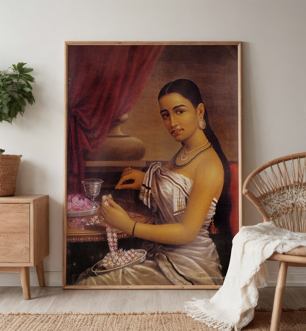 LADY MAKING A GARLAND , INDIAN ART PAINTINGS