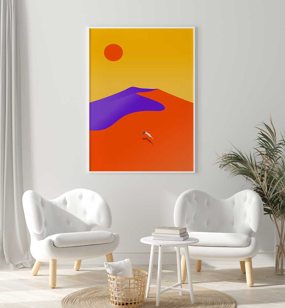 Vibrant FLOATING , LANDSCAPE PAINTINGS adorn a modern living space with stylish seating and natural light.