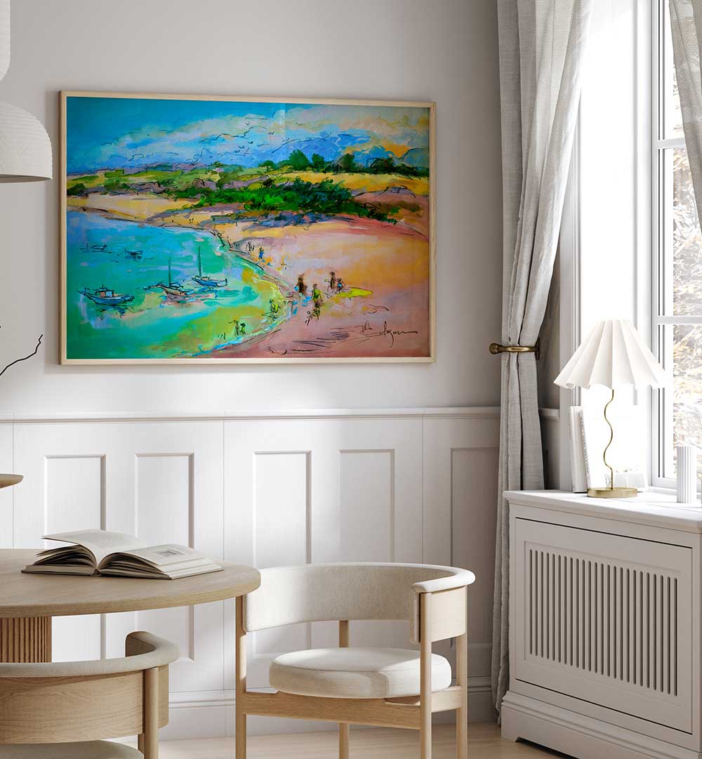 COASTAL SERENITY , LANDSCAPE PAINTINGS showing a framed pastel beach scene with boats and shoreline in an airy neutral room