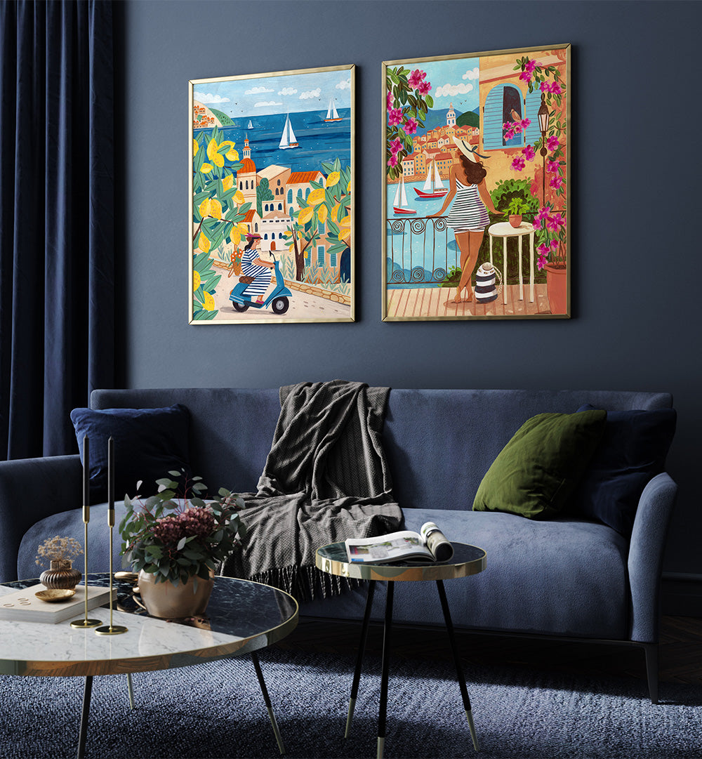 Living room with blue sofa, decorative pillows, and two colorful wall art pieces.