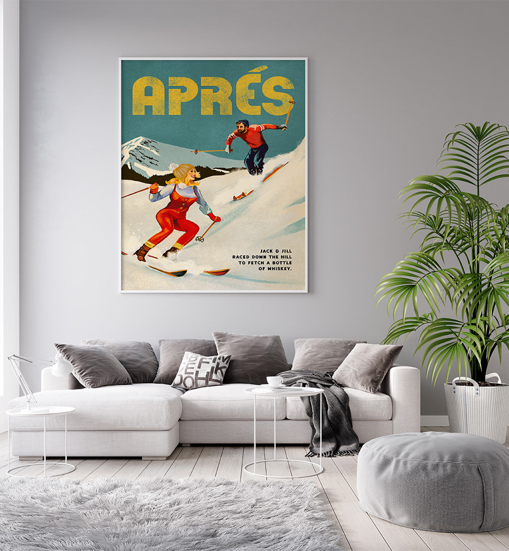 WHISKEY SKI COUPLE , VINTAGE TRAVEL POSTERS