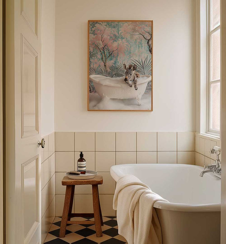 BUBBLY ZEBRA DELIGHT , BATHROOM ART PRINTS