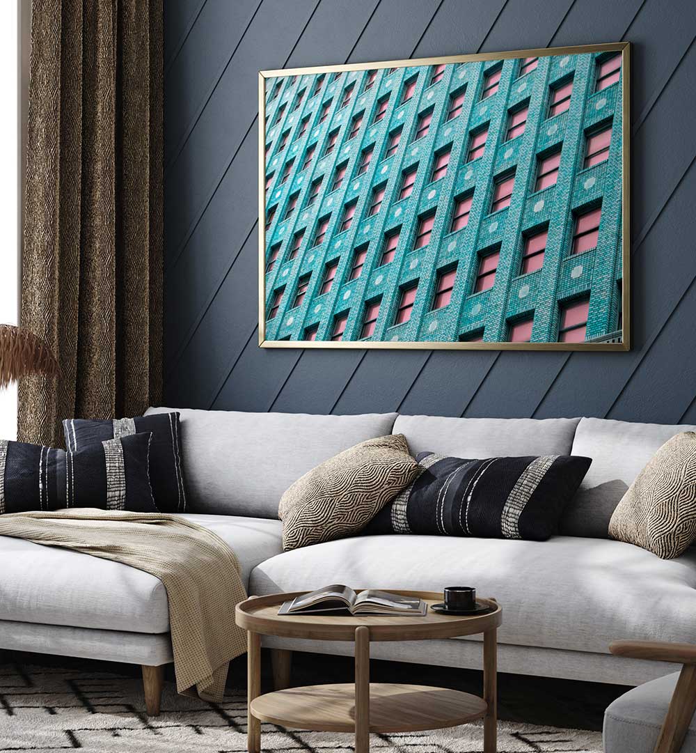 BRICK BUILDING WITH PINK WINDOWS , PHOTOGRAPHY PRINTS