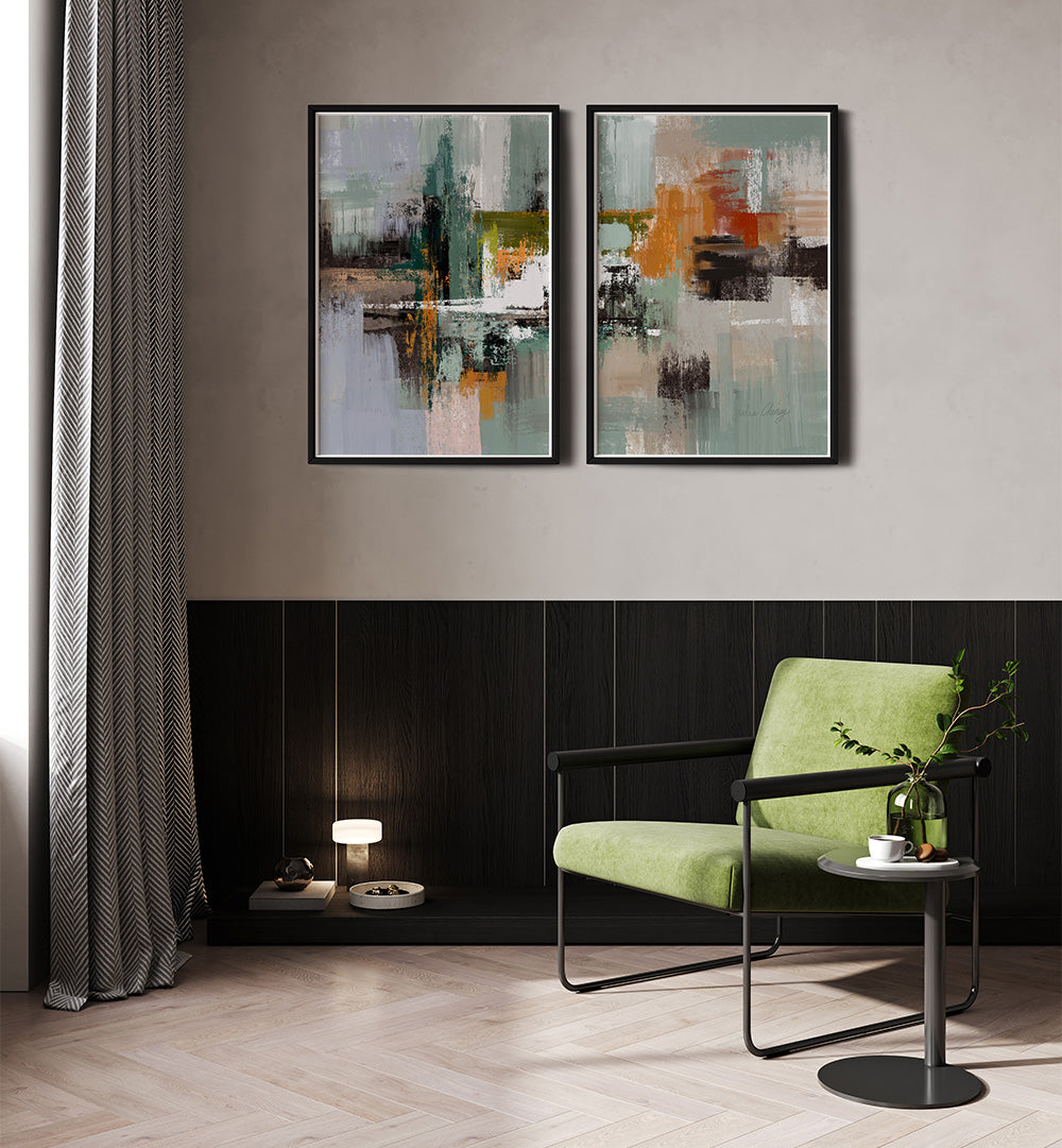 Modern interior with abstract art on the wall, a green chair, and a small table.