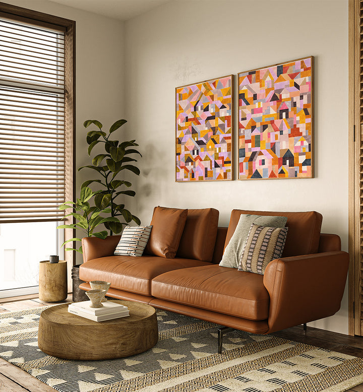 COLOURFUL RETRO GEO ABSTRACT , SET OF 2 PAINTINGS