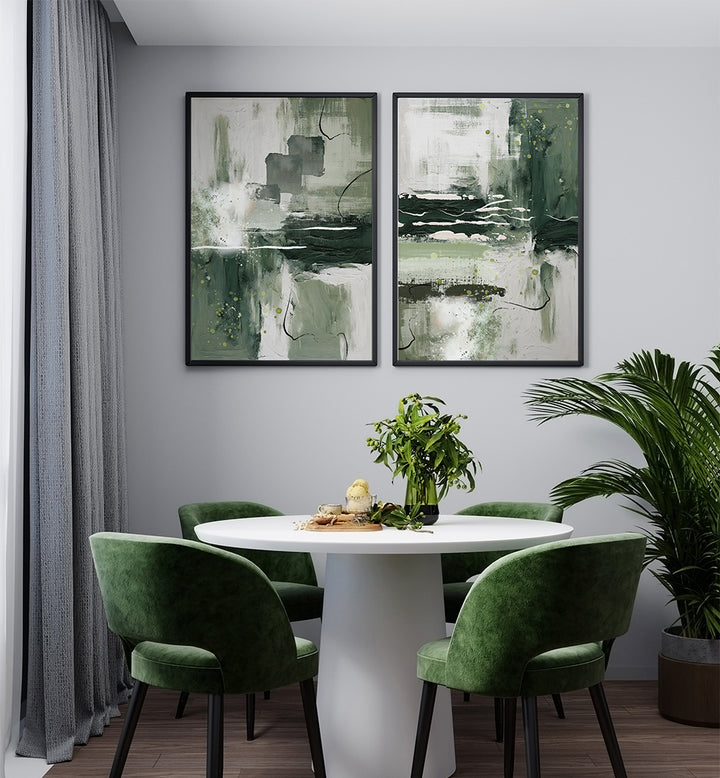 Dining room with green chairs, white table, and abstract art on the wall.