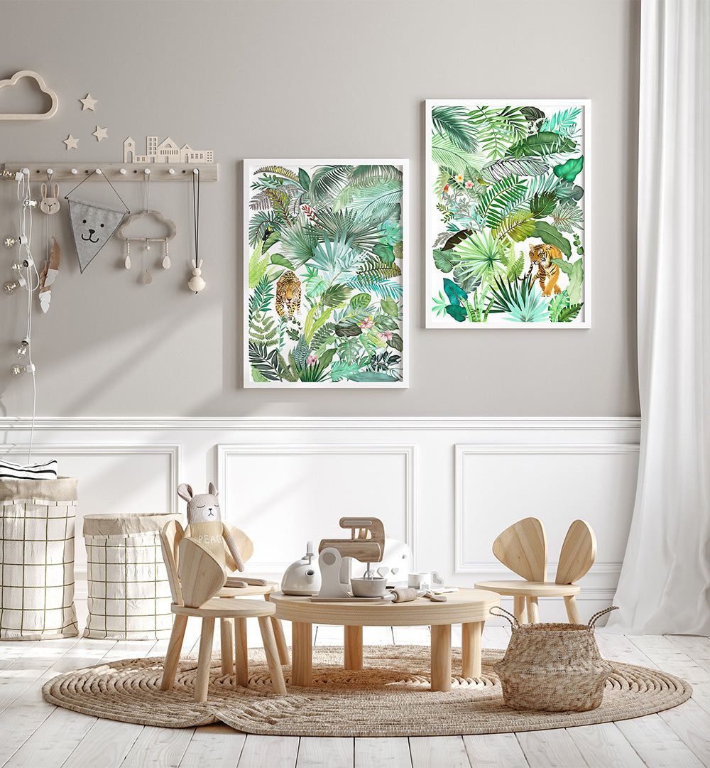 Children's room with jungle-themed wall art and wooden furniture.