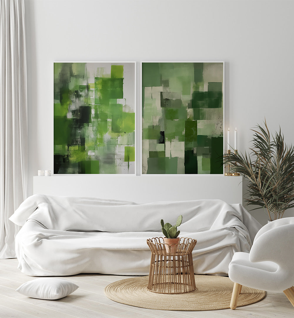 Modern living room with abstract green artwork on the wall, white sofa, and decorative elements.