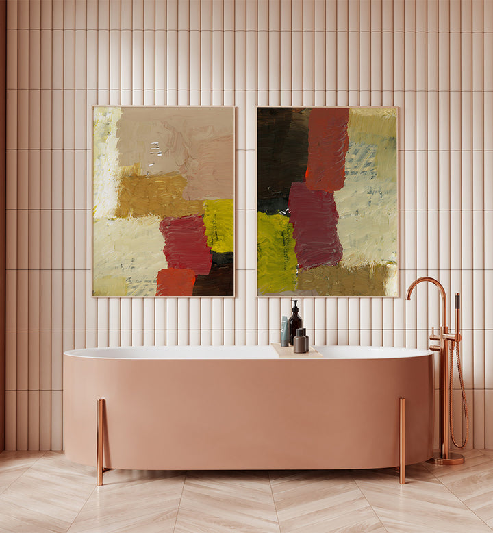 Bathroom interior with a freestanding bathtub, abstract art on the wall, and modern fixtures.