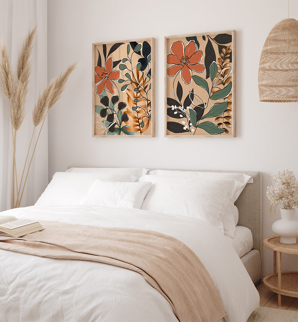 Decorative floral wall art above a bed in a bedroom setting.