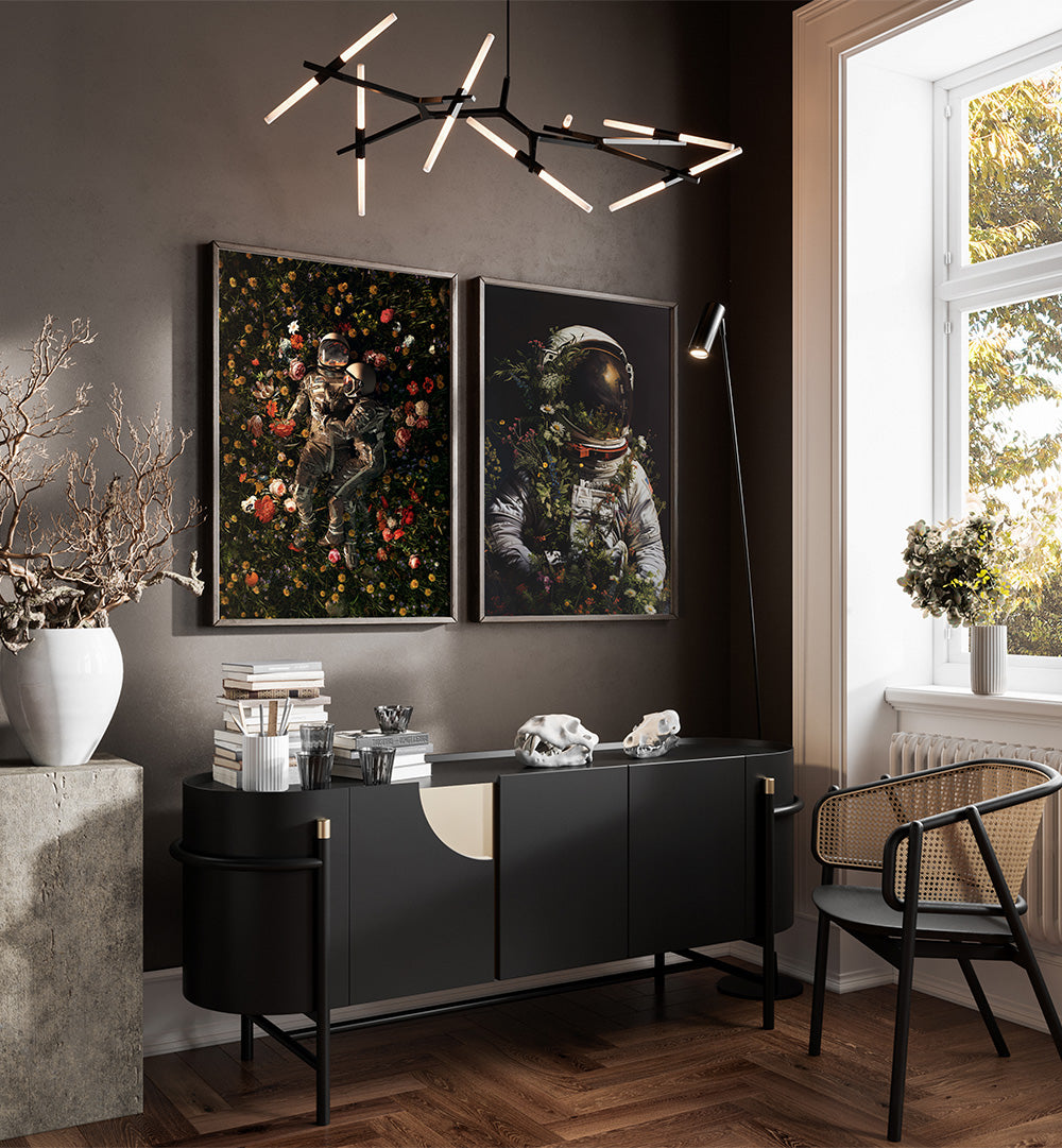 Modern interior with black chandelier, wall art, and furniture.