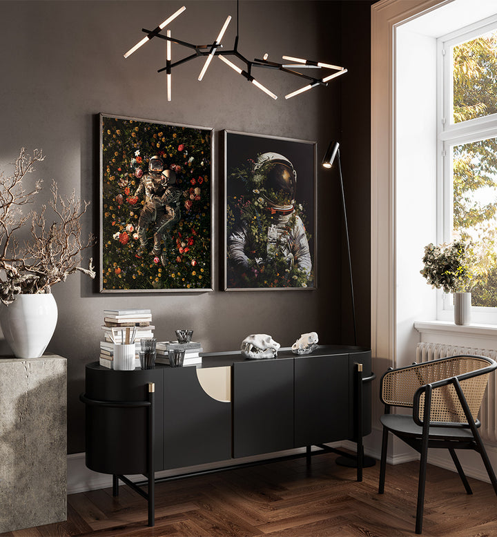 Modern interior with black chandelier, wall art, and furniture.