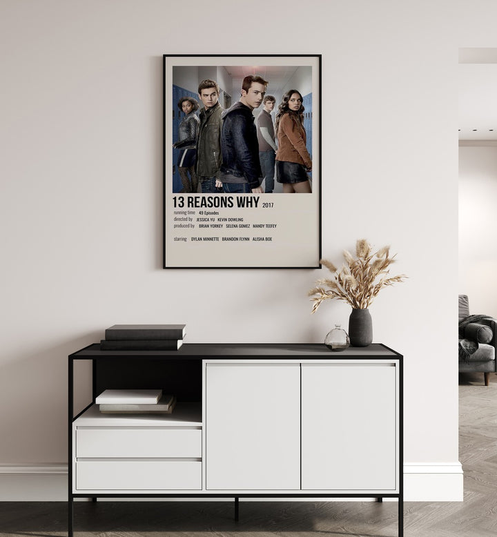 13 Reasons Why 2017 Movie Posters in Black Plain Frame hanging on wall above console table