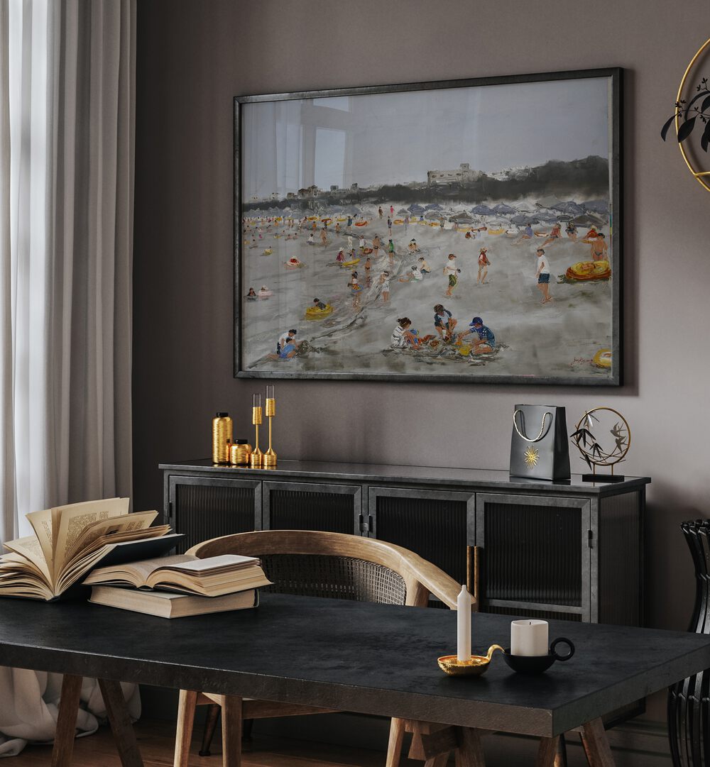 Elegant interior featuring "BEACH STORY, BEACH PAINTINGS," capturing joyful beach scenes in a stylish setting.