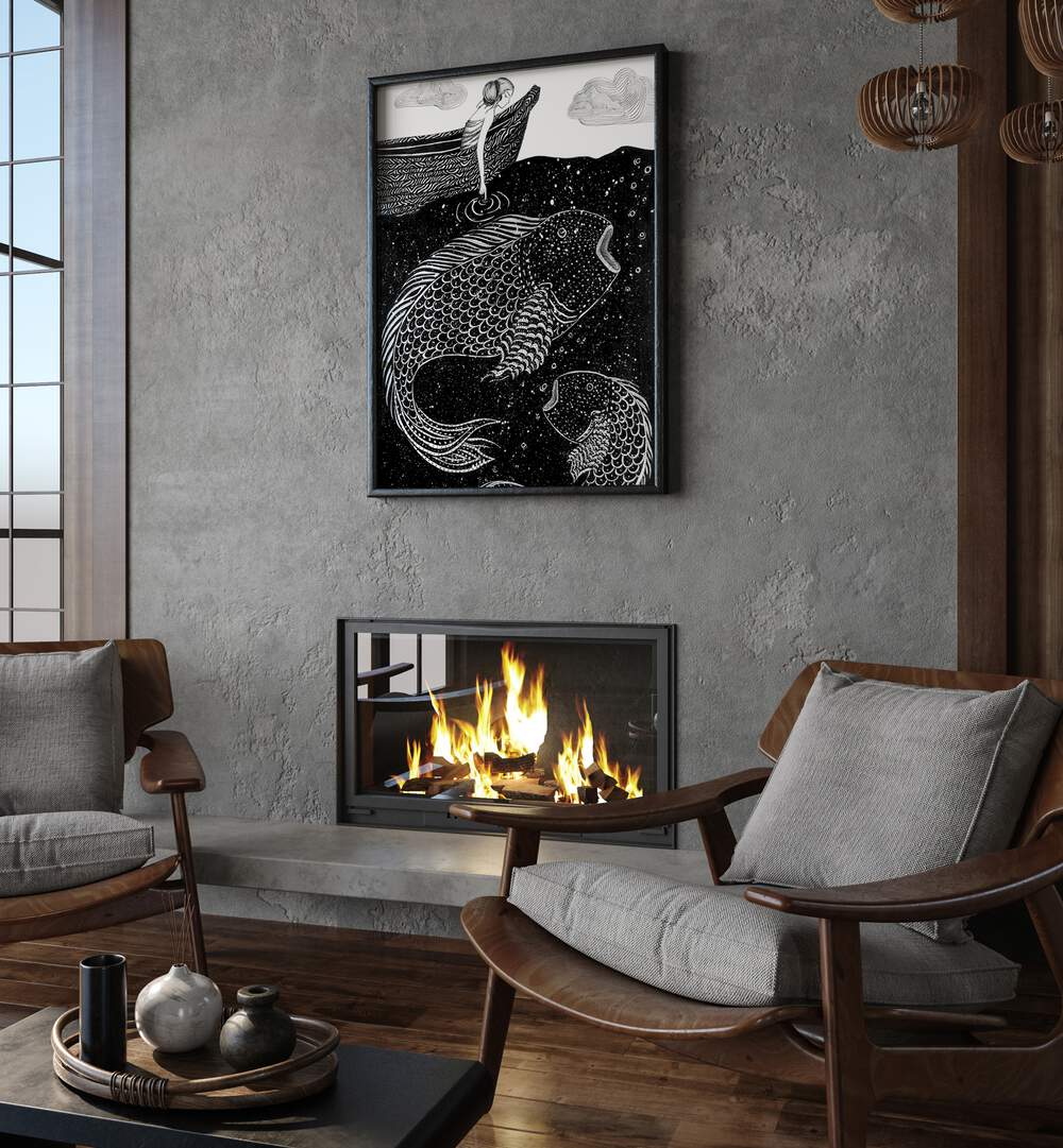Stylish living room showcasing THE SHIMMERING SEA LIGHTS WALL, ANIMAL PAINTINGS, enhancing coastal elegance.