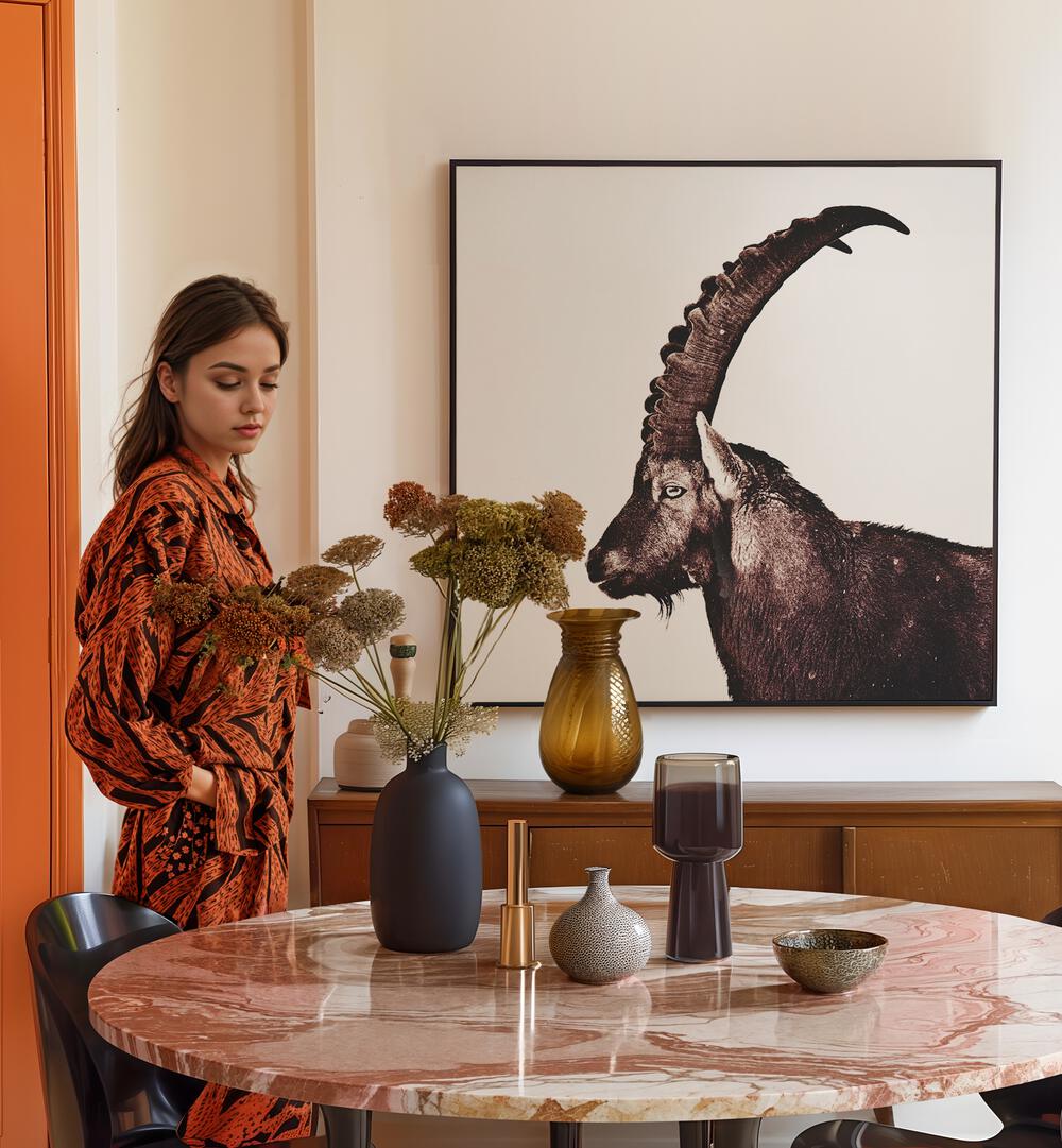 Capricorn in Snow, animal paintings beautifully displayed in a modern setting, showcasing wildlife artistry.