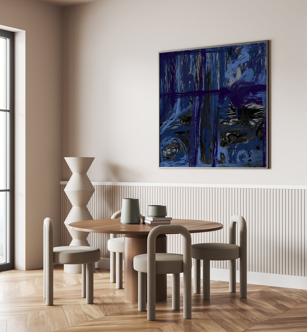 Enchanting BLUE OCEANIC, ABSTRACT PAINTINGS enhancing a modern interior, bringing coastal serenity to your space.