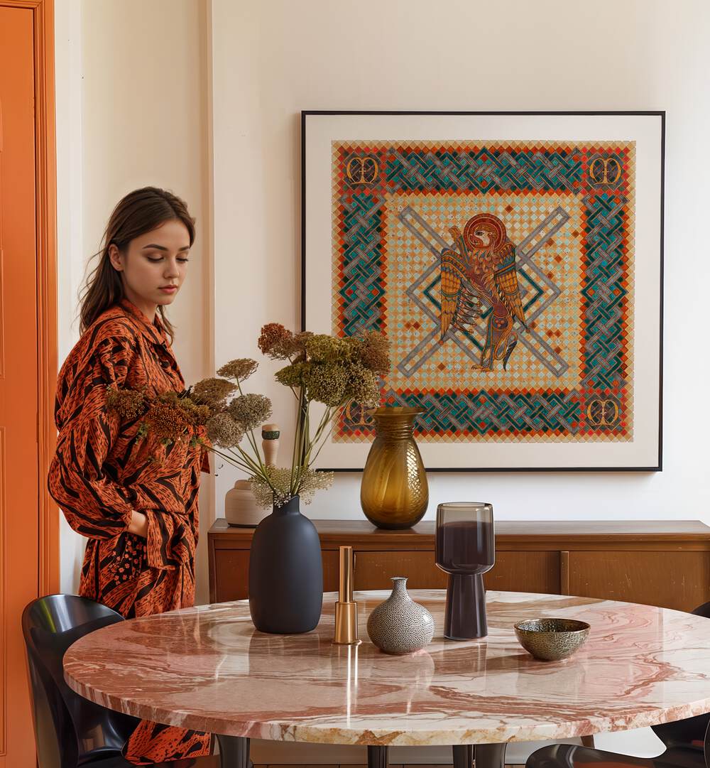 Stylish room featuring BOOK OF KELLS MARK, PORTRAITS artwork above a table with elegant decor accents.
