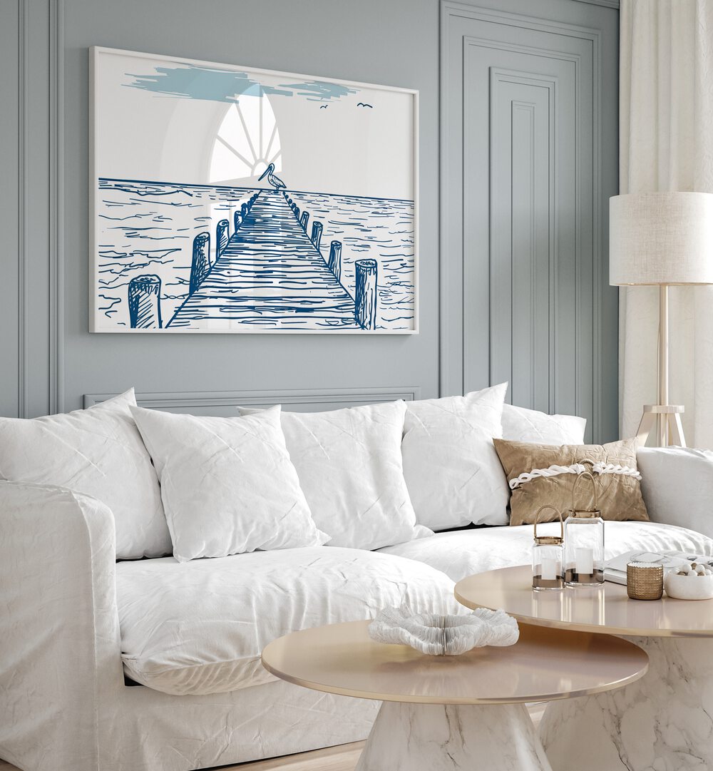 Stylish PELICAN PIER, BEACH PAINTINGS enhancing a cozy living room with elegant decor and a calming seaside vibe.