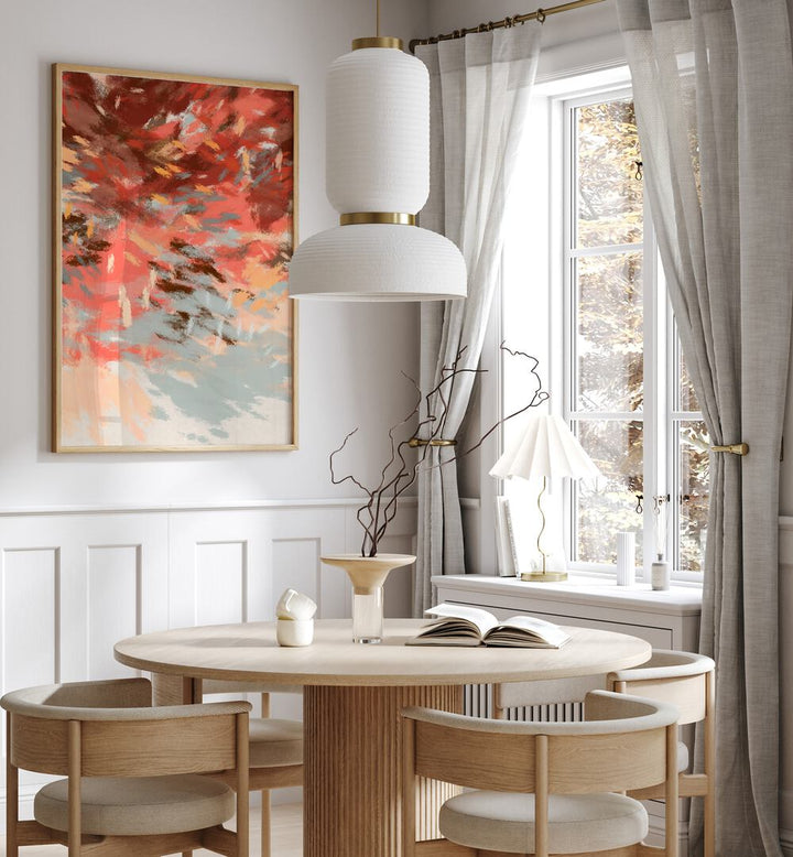 Stylish living room featuring AUTUMN SHADOWS III, ABSTRACT PAINTINGS, showcasing vibrant fall hues and patterns.