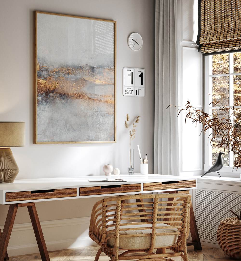 Stylish workspace featuring FOG, ABSTRACT PAINTINGS, enhancing modern decor with elegant colors and textures.