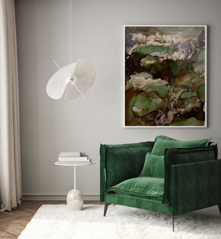 Elegant GOLDEN BROWN, ABSTRACT PAINTINGS displayed in a modern living room with green accents and stylish décor.
