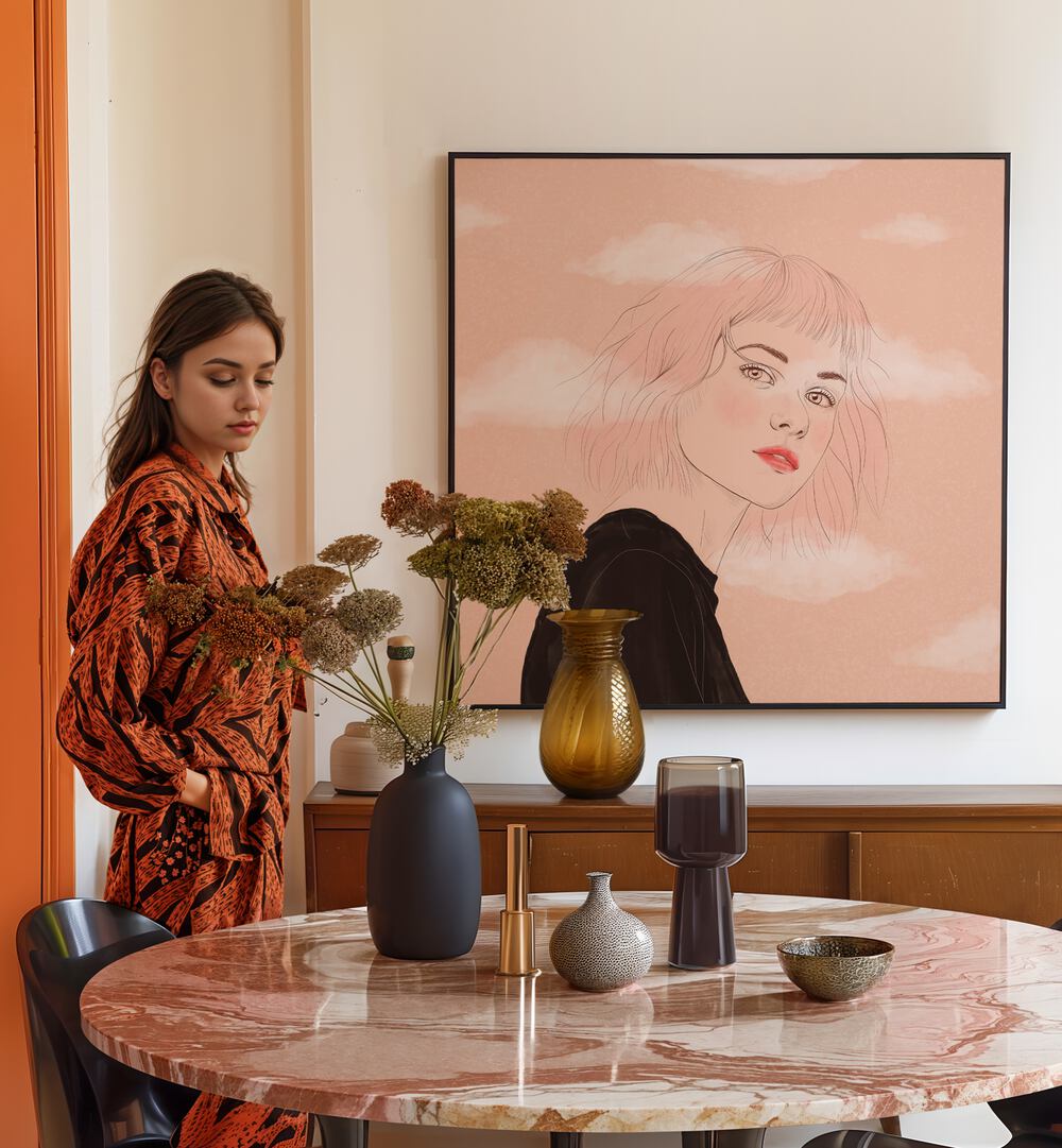 Elegant "HEAD IN THE CLOUDS, PORTRAITS" illustration by Petra Holikova enhances the modern living space beautifully.
