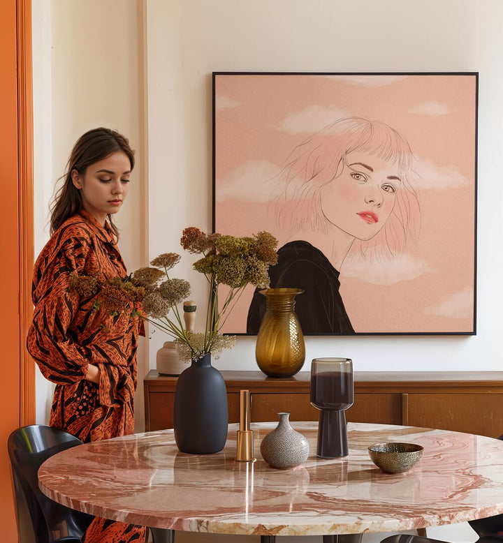 Elegant "HEAD IN THE CLOUDS, PORTRAITS" illustration by Petra Holikova enhances the modern living space beautifully.