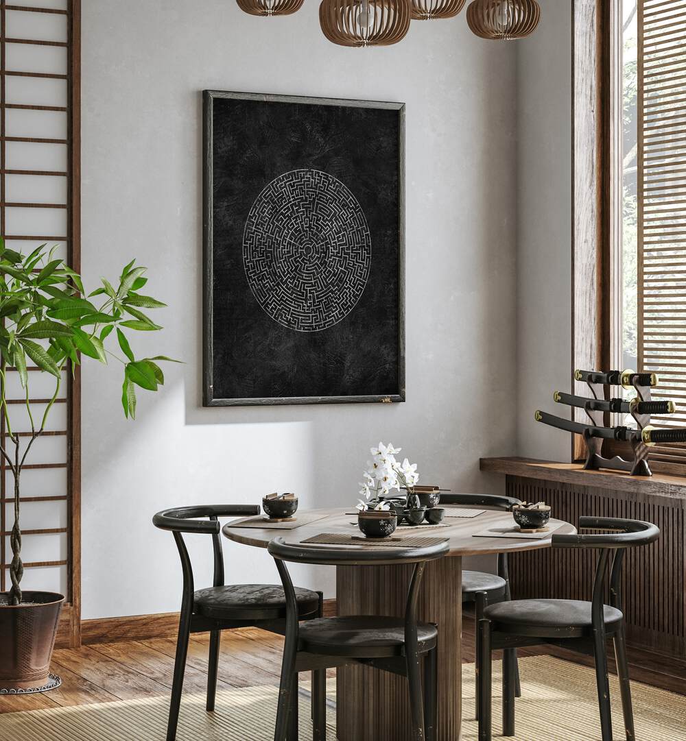 Stylish CIRCULAR JOURNEY MAZE, GEOMETRIC ART PRINTS enhances modern decor with intricate design and bold shapes.