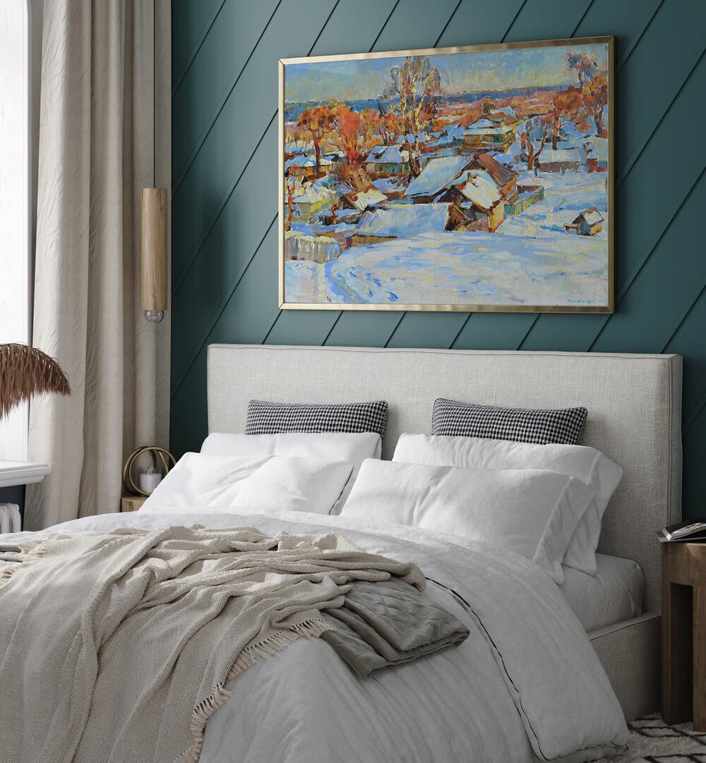 Cozy bedroom featuring a stunning WINTER, LANDSCAPE PAINTING that captures the essence of the season beautifully.