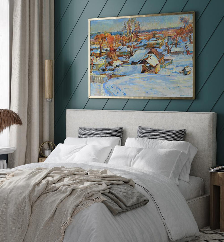 Cozy bedroom featuring a stunning WINTER, LANDSCAPE PAINTING that captures the essence of the season beautifully.