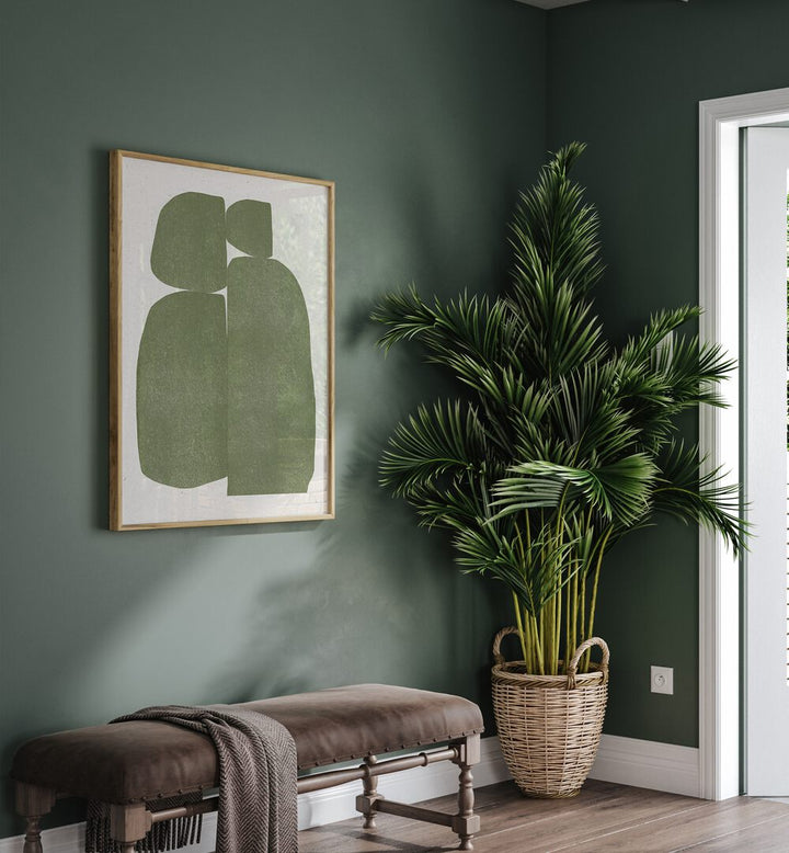 Stylish interior featuring GREEN STONES COMPOSITION, ABSTRACT PAINTINGS, enhancing the space with rich green tones.