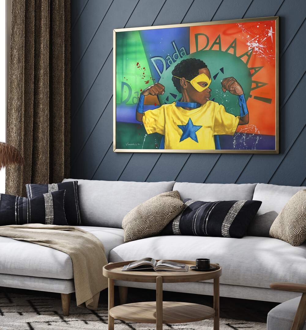 Bright and colorful DADADDAAA, AFRICAN ART PAINTINGS showcased in a modern living room setting.