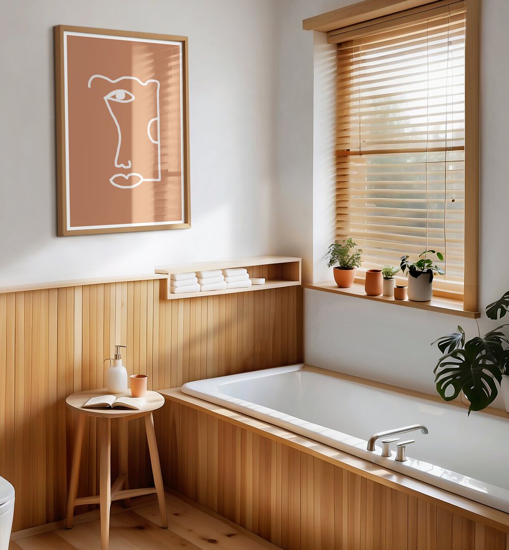 Elegant bathroom featuring ABSTRACT HEAD NO2, LINE ART PAINTINGS, enhancing modern decor with simplicity.