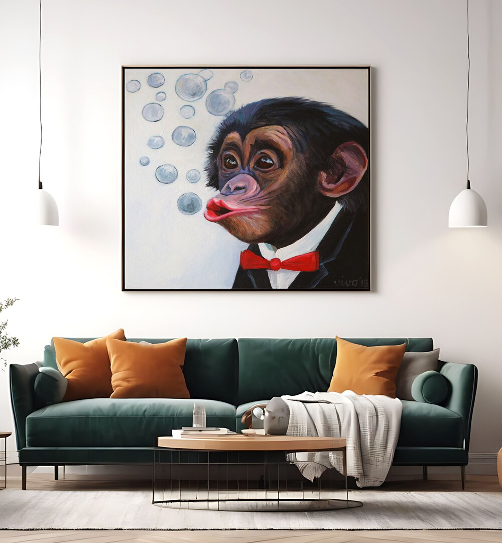 Bubbly Chimp Fancy Comic Posters bring vibrant art to your space, featuring a whimsical chimp in a tuxedo.