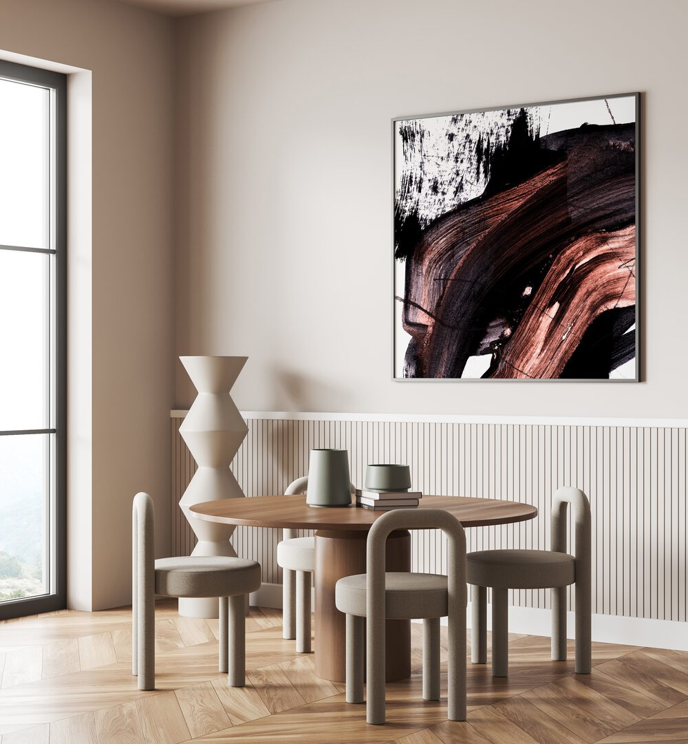 Stunning BS Abstract Paintings displayed in a modern dining area, adding elegance and creativity to the space.